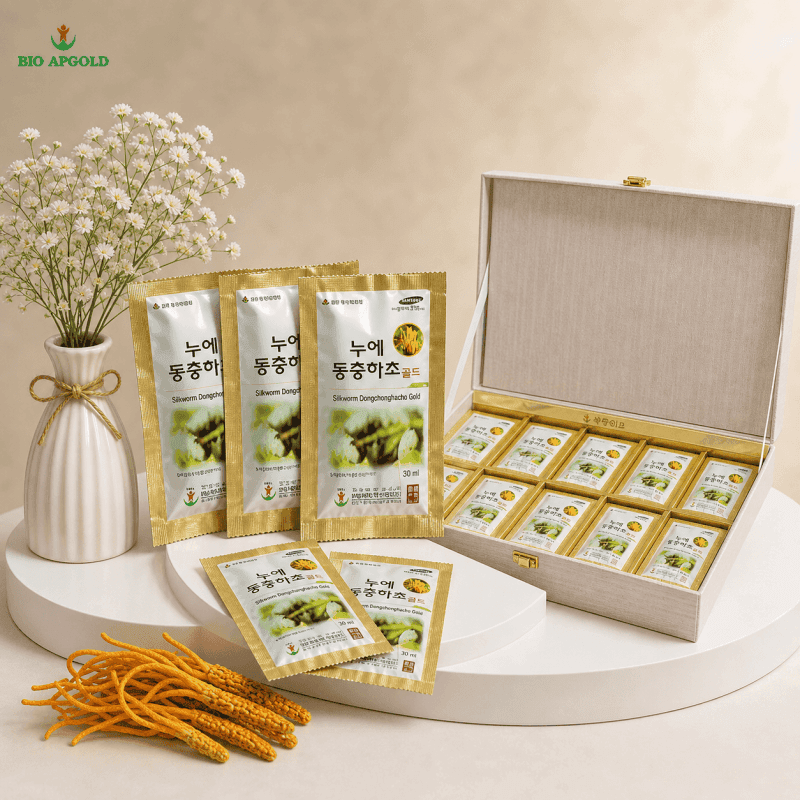 Nước Đông Trùng Hạ Thảo Hàn Quốc Hộp 60 Gói Gỗ Trắng Bio Apgold